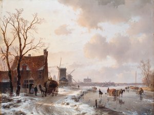 Paesaggio invernale con cavalli sul ghiaccio